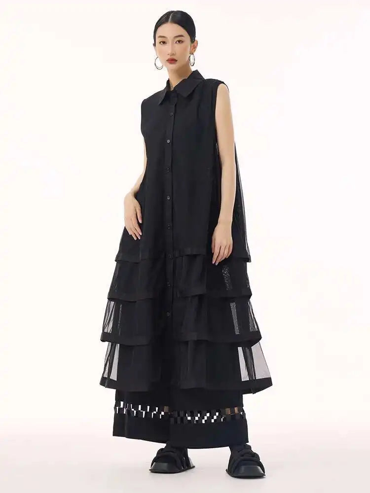 Women Black Layers Mesh Big Size Midi Vest Shirt Dress New Lapel Sleeveless Fashion Tide Spring Summer 2025 1DH9472