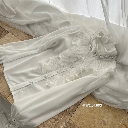 Load image into Gallery viewer, Vintage Fashion Women White Diamond Festival Shirt Autumn Elegant Long Sleeve Blouse French Single Breasted Ruffles Shirt Simple
