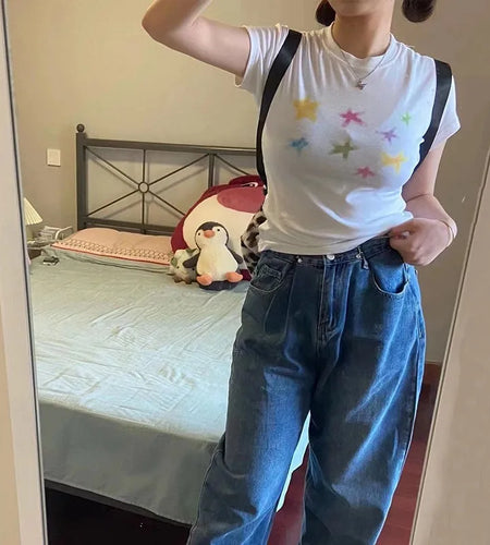 Japanese Kawaii T-shirt 00s Harajuku White Tee Shirt Fairycore Y2k Tops Cute Star Print Short Sleeve Tshirt E-girl 2000s