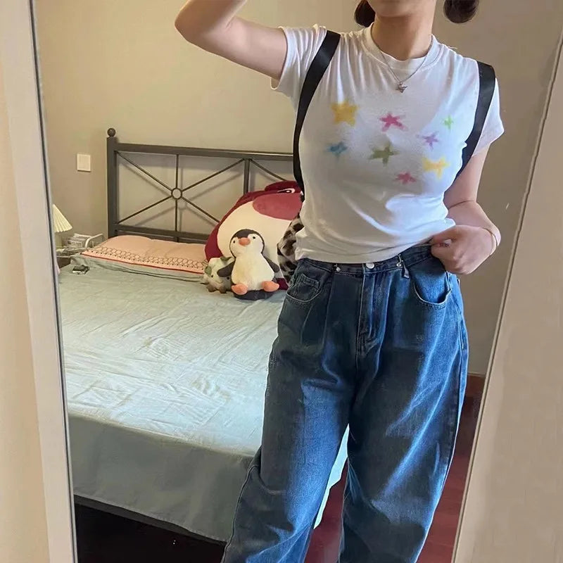 Japanese Kawaii T-shirt 00s Harajuku White Tee Shirt Fairycore Y2k Tops Cute Star Print Short Sleeve Tshirt E-girl 2000s