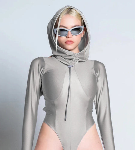 Streetwear Skinny Hooded Women Bodysuit Hollow Out Long Sleeve Drawstring Autumn Body Holographic Moto Style Clothing