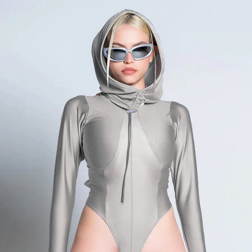 Load image into Gallery viewer, Streetwear Skinny Hooded Women Bodysuit Hollow Out Long Sleeve Drawstring Autumn Body Holographic Moto Style Clothing
