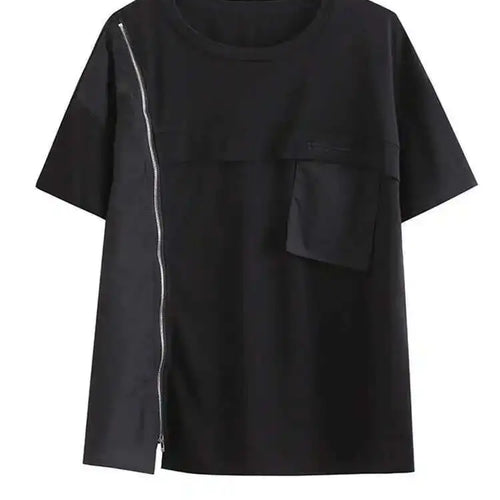 Load image into Gallery viewer, Women Black Zipper Pockets Casual Big Size T-shirt New Round Neck Short Sleeve Fashion Tide Spring Summer 2025 1DF5303
