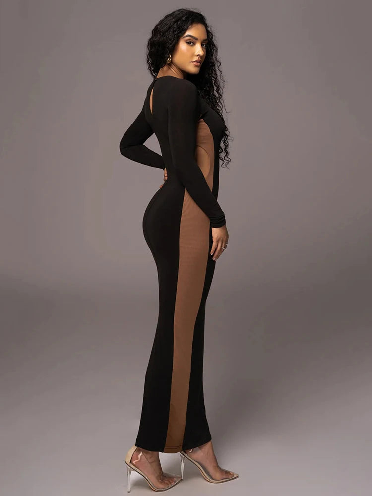 Autumn/Winter Long Sleeve Hollow Out Split Dress For Women Bodycon Elastic Tight Maxi Dress Female Party Club Vestidos