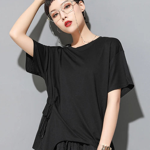 Load image into Gallery viewer, Women White Irregular Tassels Big Size Casual T-shirt New Round Neck Short Sleeve Fashion Tide Spring Summer 2025 1DJ1759
