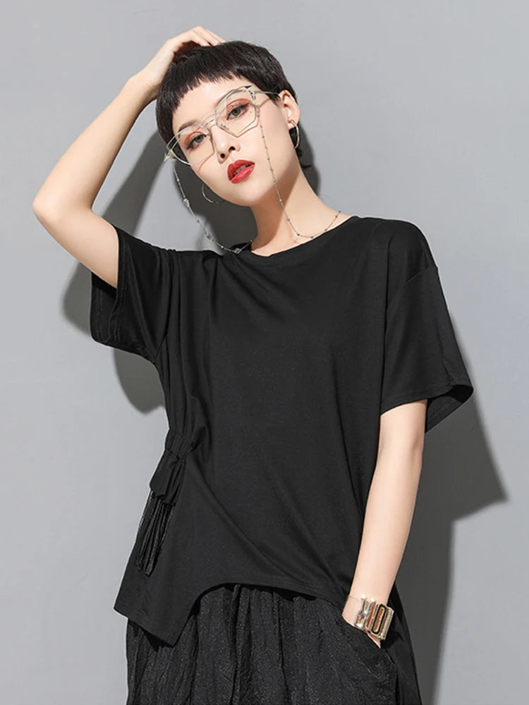 Women White Irregular Tassels Big Size Casual T-shirt New Round Neck Short Sleeve Fashion Tide Spring Summer 2025 1DJ1759