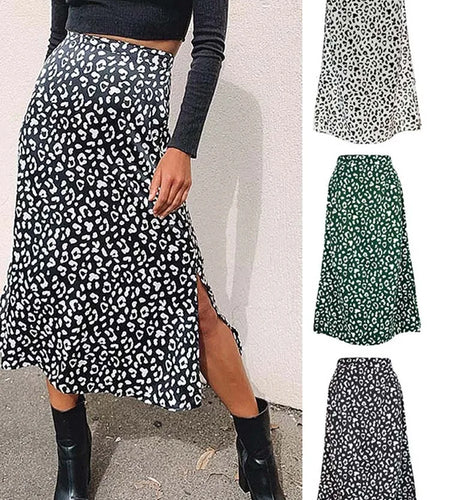 2024 New Sexy Leopard Print Chiffon Split Skirt Casual Fashion Long Skirts for Women Spring Summer Zip Elegant Female Skirt