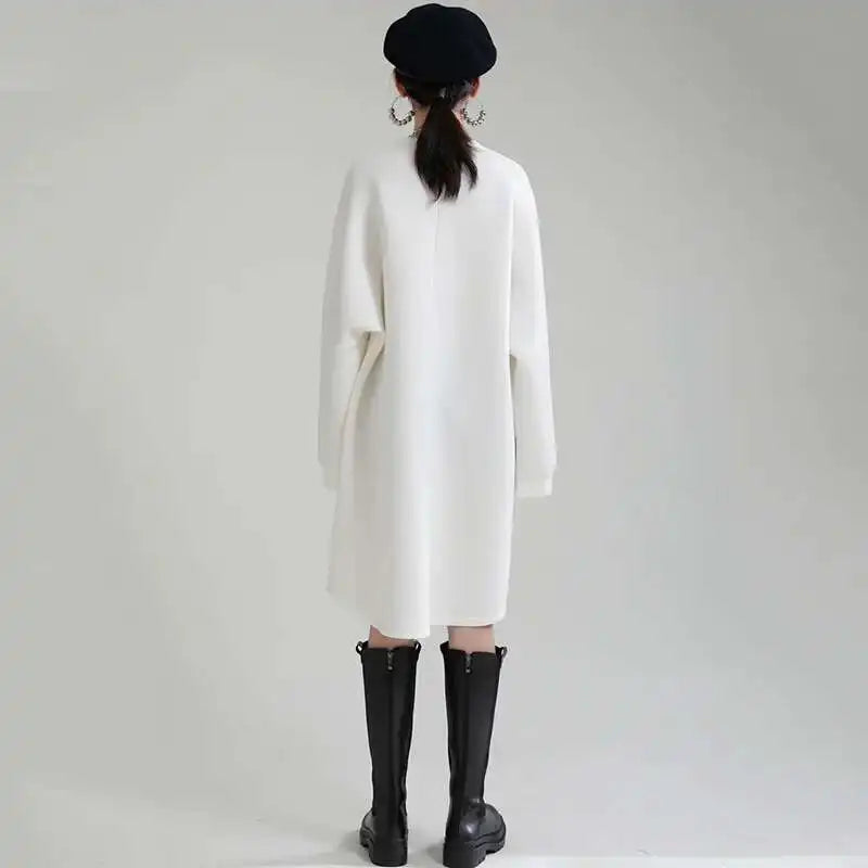 Women White Big Size Shaped Long Dress New Round Neck Long Sleeve Loose Fit Fashion Tide Spring Autumn 2025 1DE4098