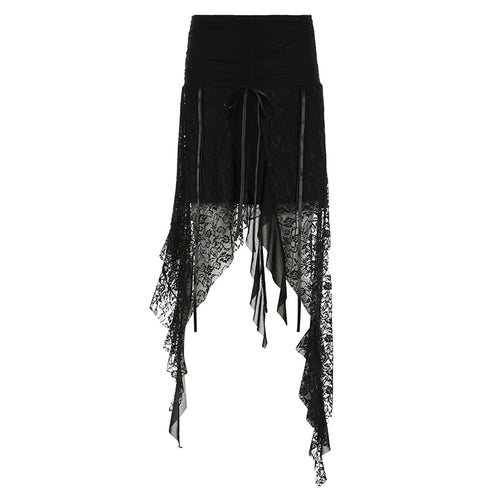 Load image into Gallery viewer, Streetwear Asymmetrical Slim Lace Skirt Female Folds Tie-Up Stitching Holidays Party Sexy Midi Skirt Fringe Clothing
