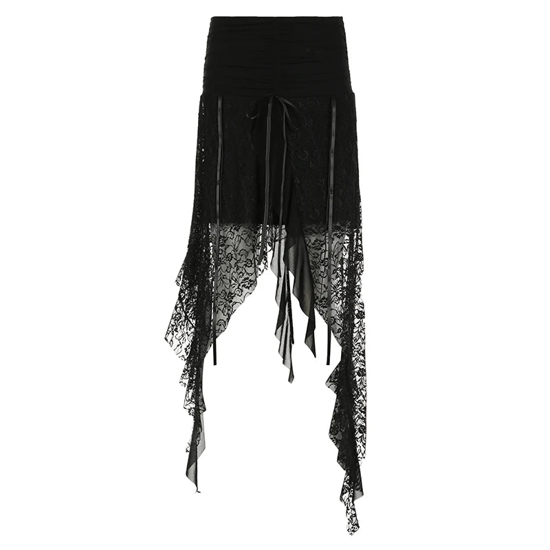 Streetwear Asymmetrical Slim Lace Skirt Female Folds Tie-Up Stitching Holidays Party Sexy Midi Skirt Fringe Clothing