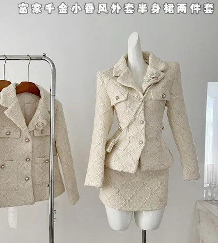 Autumn Winter Vintage Fashion Two Piece Sets Women Beige Long Sleeves Single Breasted Coat Tops And High Waist Half Short Skirts