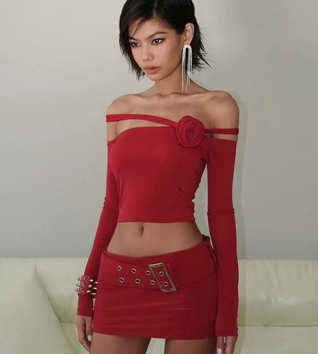 Women 2 Pcs Sets Solid Long Sleeve Tie Flowers Lace Up Sexy Crop Top Belt Skirt Winter Elegant Outfits Party Festival