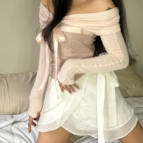 Load image into Gallery viewer, Contrast Patchwork Satin Lacing Crop Top Women V-Neck Long Sleeve Slim Versatile T-shirt Balletcore Party Streetwear
