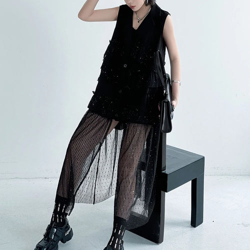 Load image into Gallery viewer, Women Black Singles Breasted Mesh Big Size Midi Vest Dress New Lapel Sleeveless Fashion Tide Spring Autumn 2025 1DJ1041
