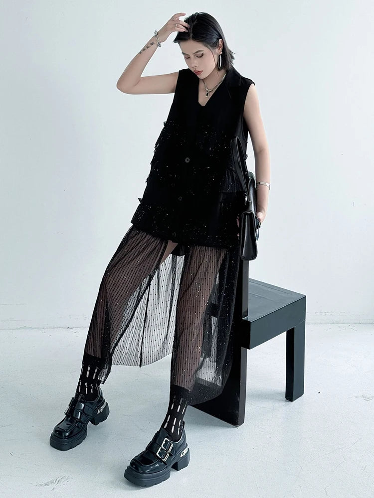 Women Black Singles Breasted Mesh Big Size Midi Vest Dress New Lapel Sleeveless Fashion Tide Spring Autumn 2025 1DJ1041
