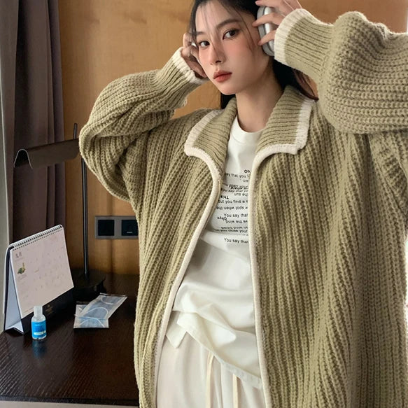 2025 Preppy Contrast Color Cardigans Women Fashion Y2k Aesthetic Loose Knitted Sweaters New Harajuku Casual Single Brested Coat