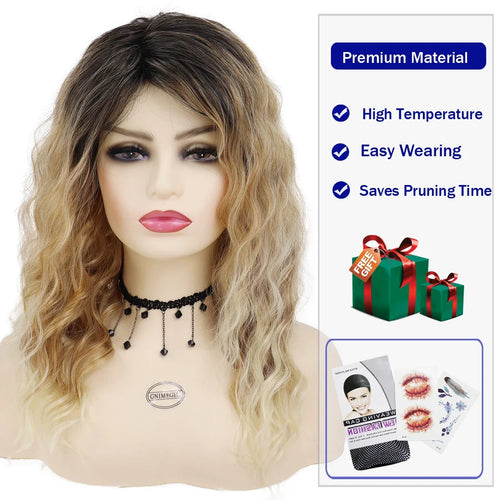 Load image into Gallery viewer, Synthetic Woman Wig Curly Long Wave Wig with Dark Root Blonde Ombre Wig Female Fluffy Hair Halloween Costume for Women
