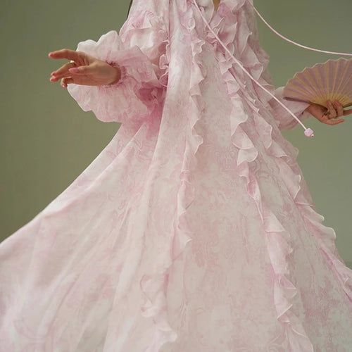 Load image into Gallery viewer, Pink Printing Spliced Fungus Folds Elelgant Dresses for Women V Neck Long Sleeves Patchwork Lace Up Dress Female
