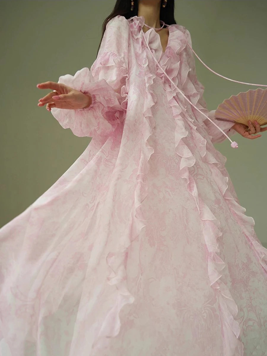 Pink Printing Spliced Fungus Folds Elelgant Dresses for Women V Neck Long Sleeves Patchwork Lace Up Dress Female