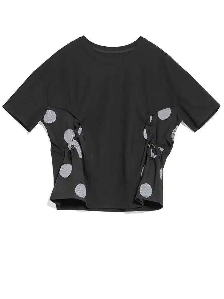 Women Black Dot Printed Color-block Big Size T-shirt New Round Neck Short Sleeve Fashion Tide Spring Summer 2025 1DH5058