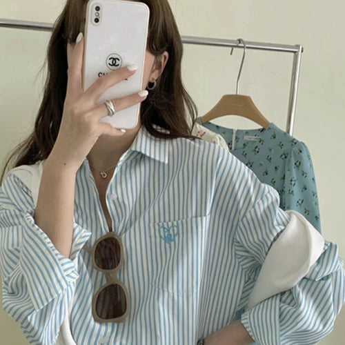 Load image into Gallery viewer, Pink Striped Embroidery Women Shirt Spring New Drop Sleeves Single Breasted Fashion Female Shirts Chic Casual Office Lady
