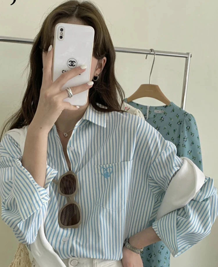 Pink Striped Embroidery Women Shirt Spring New Drop Sleeves Single Breasted Fashion Female Shirts Chic Casual Office Lady