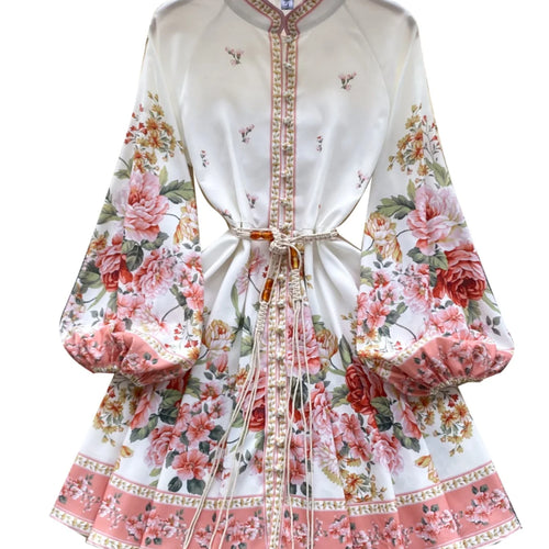 Load image into Gallery viewer, Autumn New Women Fashion White Floral Long Sleeved Lace-up Prom Dress Elegant Single Breasted Princess Pleated Short Dress Boho
