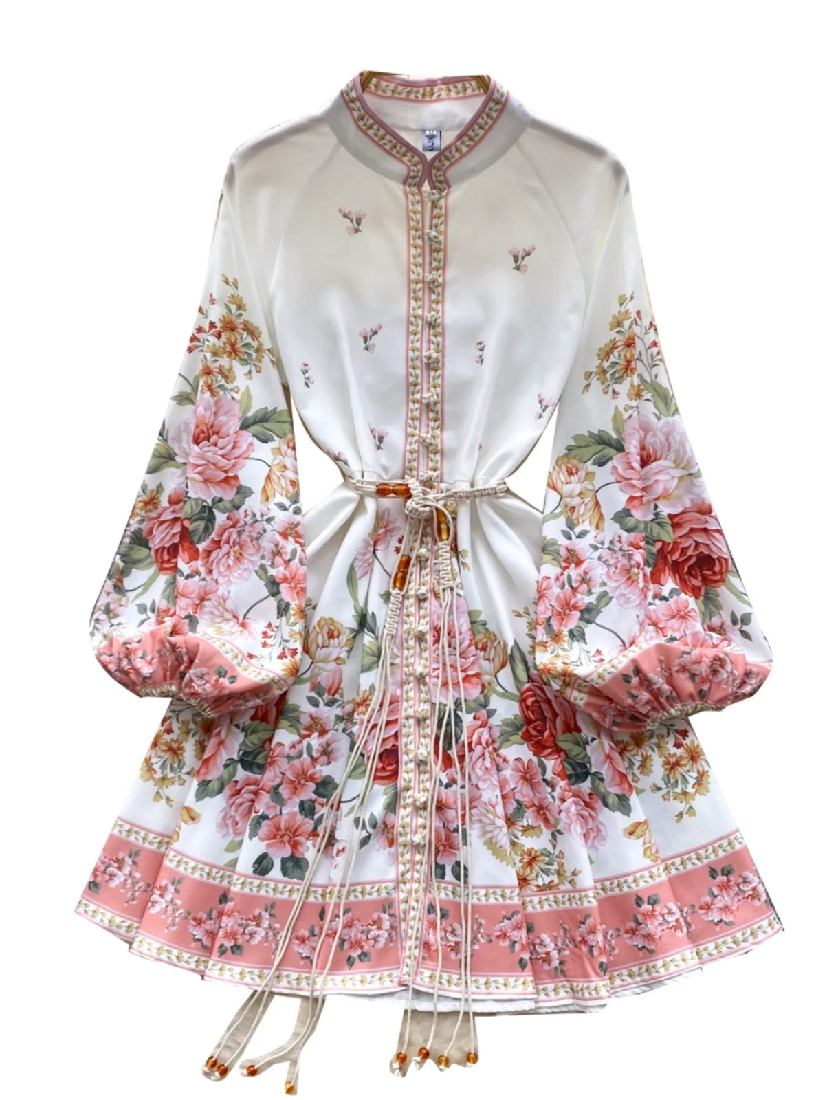 Autumn New Women Fashion White Floral Long Sleeved Lace-up Prom Dress Elegant Single Breasted Princess Pleated Short Dress Boho