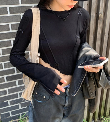 Korean Fashion Bow Long Sleeve Tee Shirts Basic Slim Women Crop Tops Cute Stitched Asymmetrical Autumn T-shirts Chic