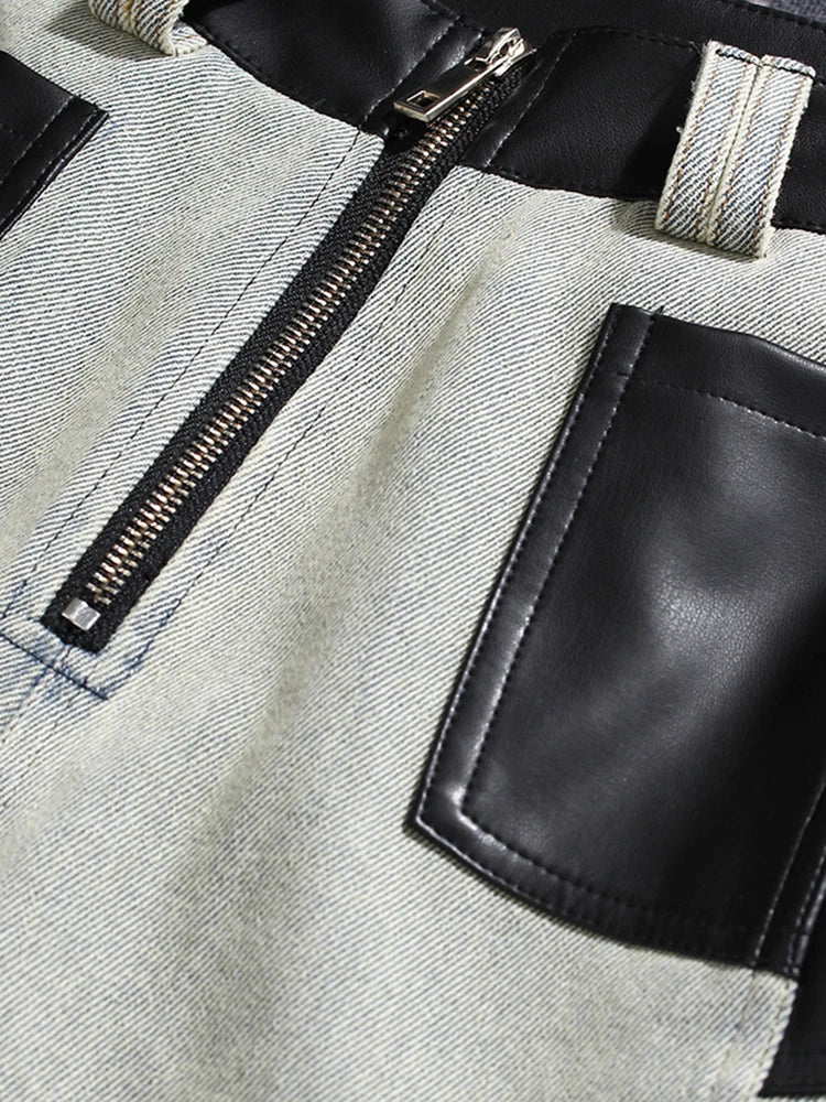 High Waist Black Color-block Leather Denim Long Wide Leg Jeans New Loose Women Trousers Fashion Spring Autumn 2025 1DH3903