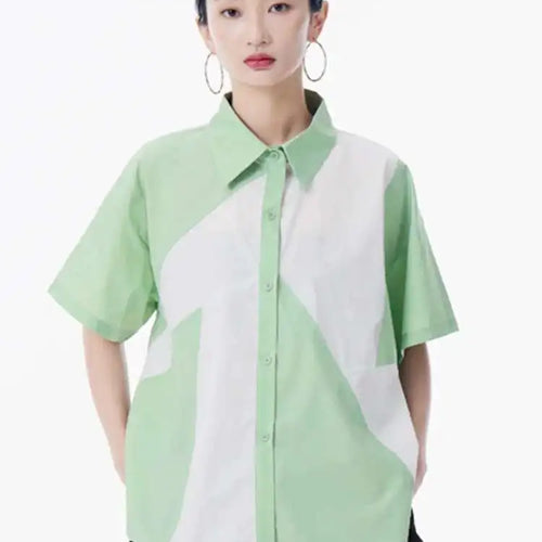 Load image into Gallery viewer, Women Green Color-block Big Size Casual Blouse New Lapel Short Sleeve Shirt Fashion Tide Spring Summer 2025 1DH9999
