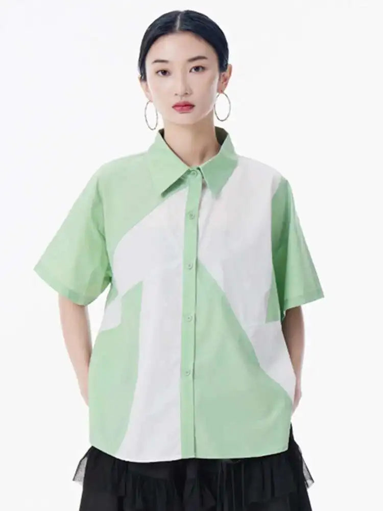 Women Green Color-block Big Size Casual Blouse New Lapel Short Sleeve Shirt Fashion Tide Spring Summer 2025 1DH9999