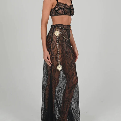 Load image into Gallery viewer, See Through Lace Two Piece Skirt Sets Women Crop Top And Maxi Skirt Sets Elegant Party Beach Sexy Two Piece Set
