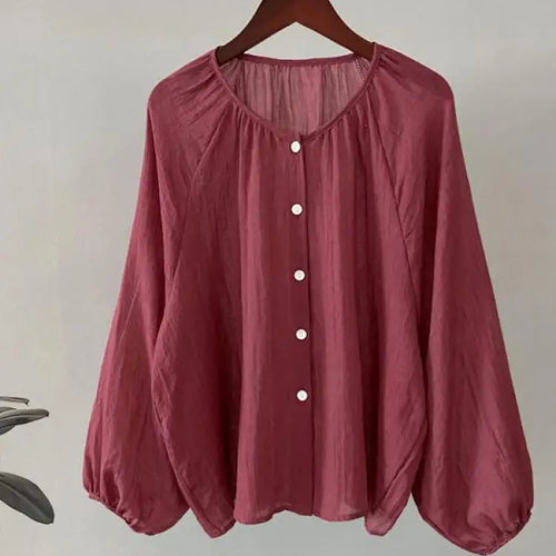 Load image into Gallery viewer, Retro Round Neck Blouse Women Spring Summer Solid Pleated Shirt Fashion Holiday Long Sleeve Top 2024 Casual Loose Sun Protection
