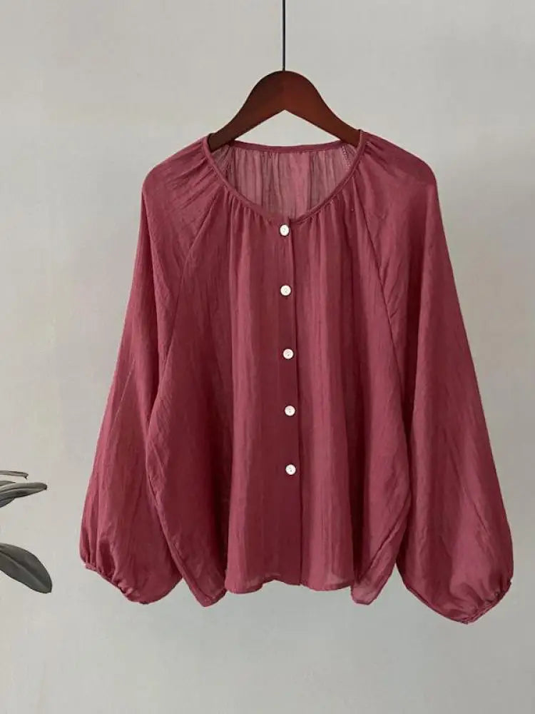 Retro Round Neck Blouse Women Spring Summer Solid Pleated Shirt Fashion Holiday Long Sleeve Top 2024 Casual Loose Sun Protection