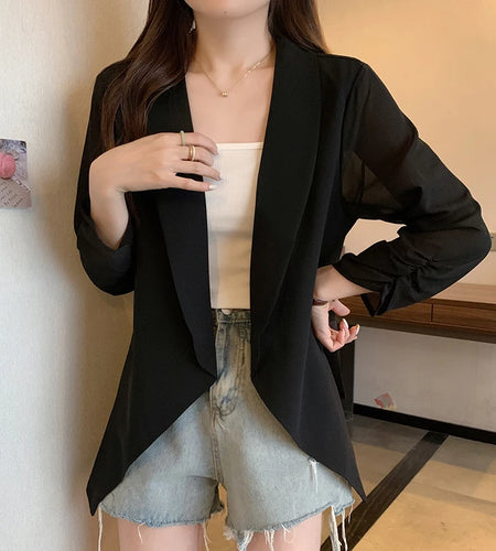 Spring Summer Women White Temperament Blazers 2024 Black Nine Quarter Sleeves Suit Coat Ladies Oversized Cardigan Top Simplicity