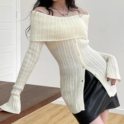 Load image into Gallery viewer, Korean Fashion Off Shoulder Knitted Sweater Women Autumn Buttons Coquette Clothes Basic Knitwears Pullover Outwear
