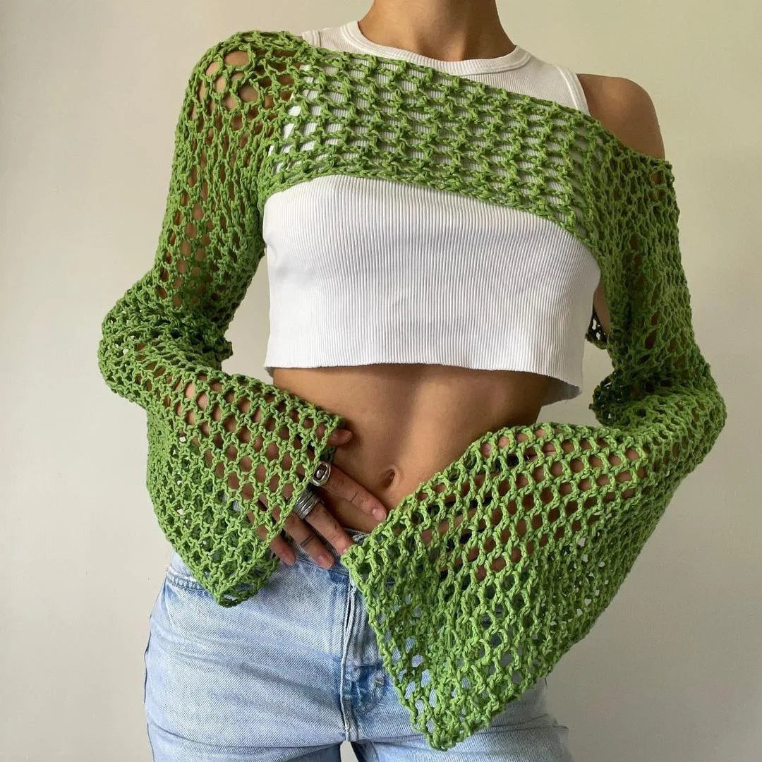 New Harajuku Grunge Solid Slash Neck Women Crop Pullovers Y2k Aesthetic Knitted Sexy Sweaters Streetwear Hollow Out Autumn Tops