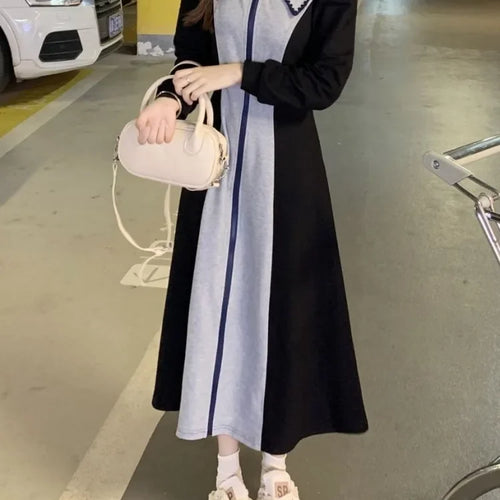 Load image into Gallery viewer, Korean Style Kpop Polo Oversize Dress Women School Casual Sport Long Sleeve Zip Midi Dresses Design Autumn Fashion
