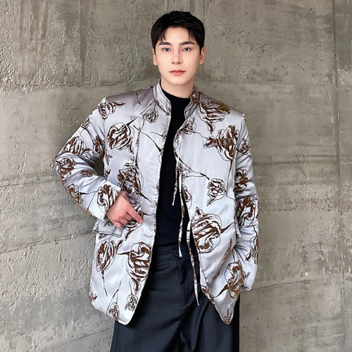 Load image into Gallery viewer, Chinese Style Men&#39;s Padded Jackets Printing Contrast Color Stand Collar Knot Button Casual Male Cotton Coats Winter 9C8956
