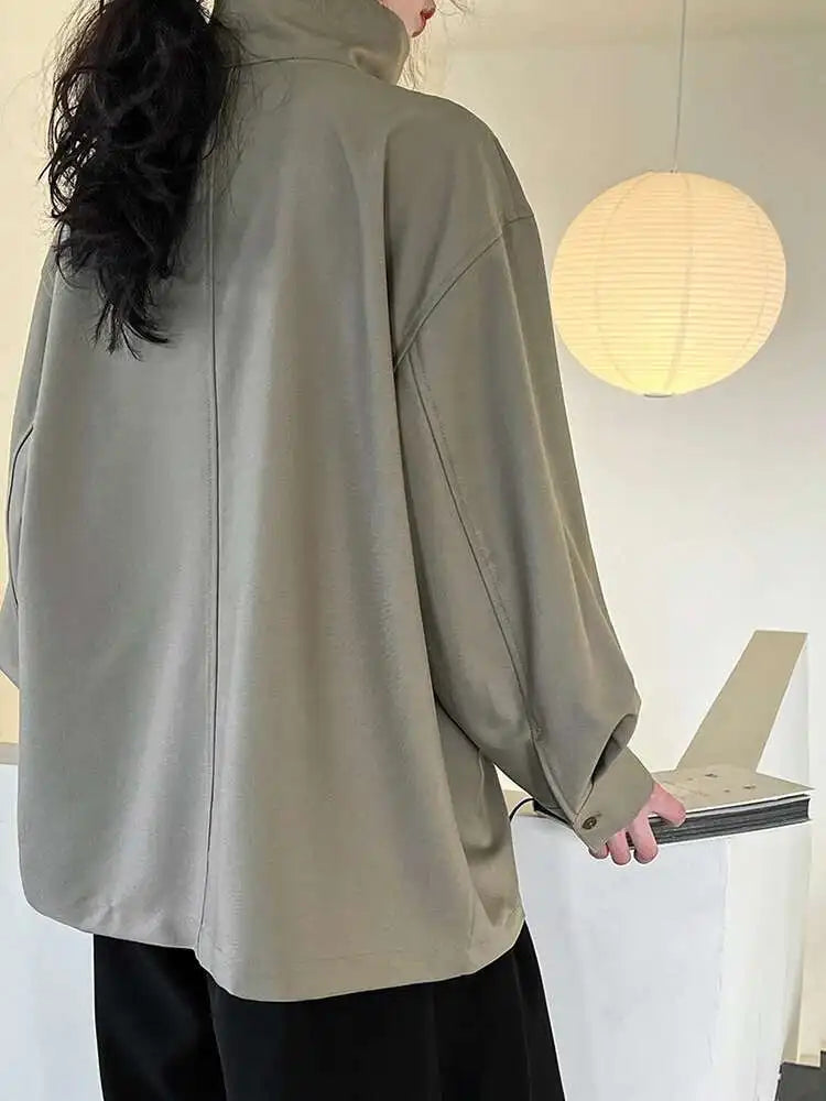 Women Green Brief Elegant Big Size Blouse New Stand Collar Long Sleeve Shirt Fashion Tide Spring Autumn 2025 1DH6652
