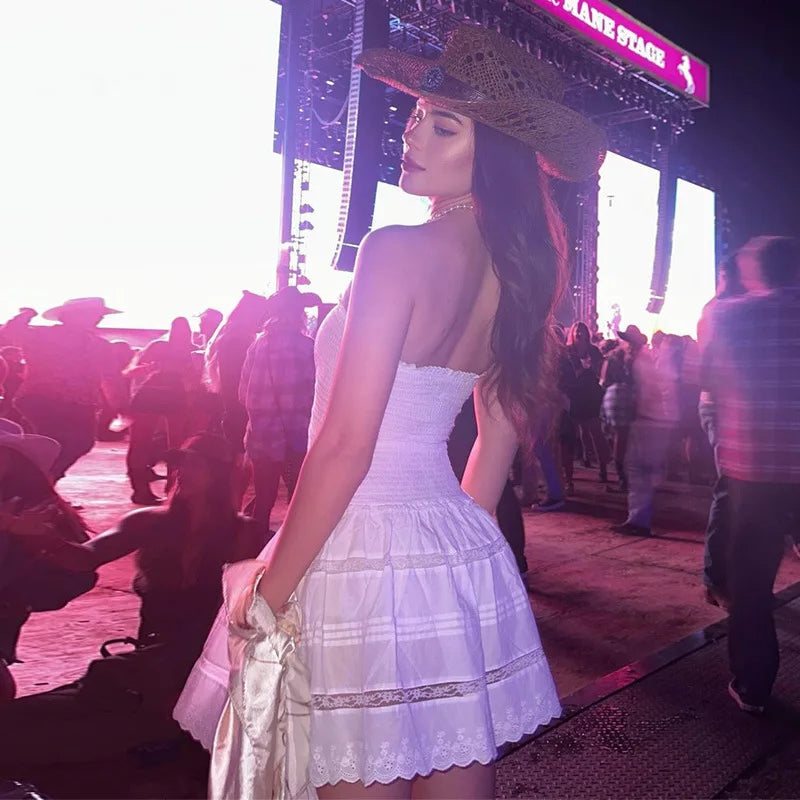 Off-shoulder Strapless A-line Sexy Mini Dress For Women Fashion Lace Sleeveless Backless High Waist Club Party Dress