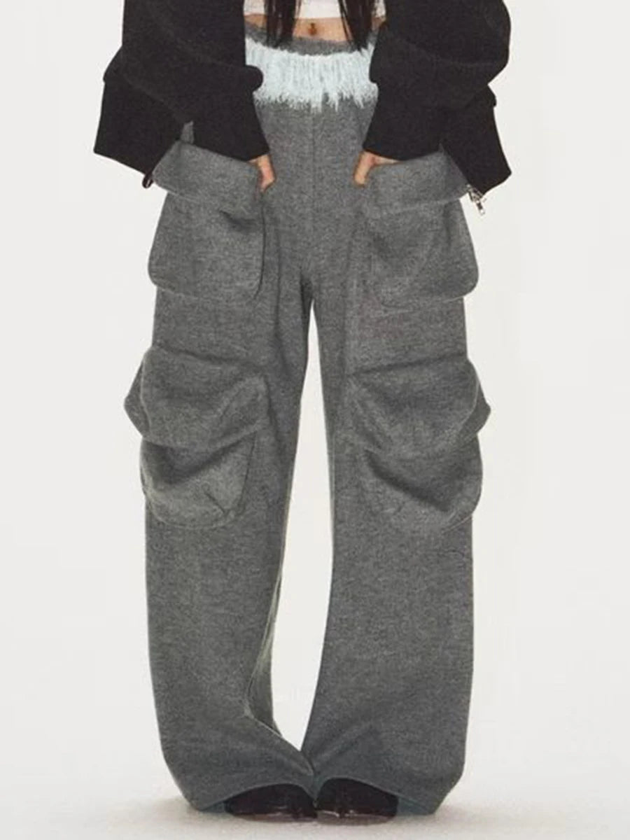 Loose Spliced Pockets Casual Pants for Women High Waist Patchwork Lace Fashion Wide Leg Pant Female Clothing New