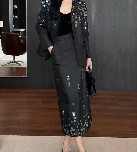 Solid Spliced Sequines Two Piece Set For Women Lapel Long Sleeve Coat High Waist Temperament Skirt Sets Female New