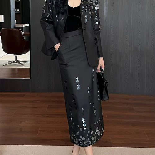 Load image into Gallery viewer, Solid Spliced Sequines Two Piece Set For Women Lapel Long Sleeve Coat High Waist Temperament Skirt Sets Female New
