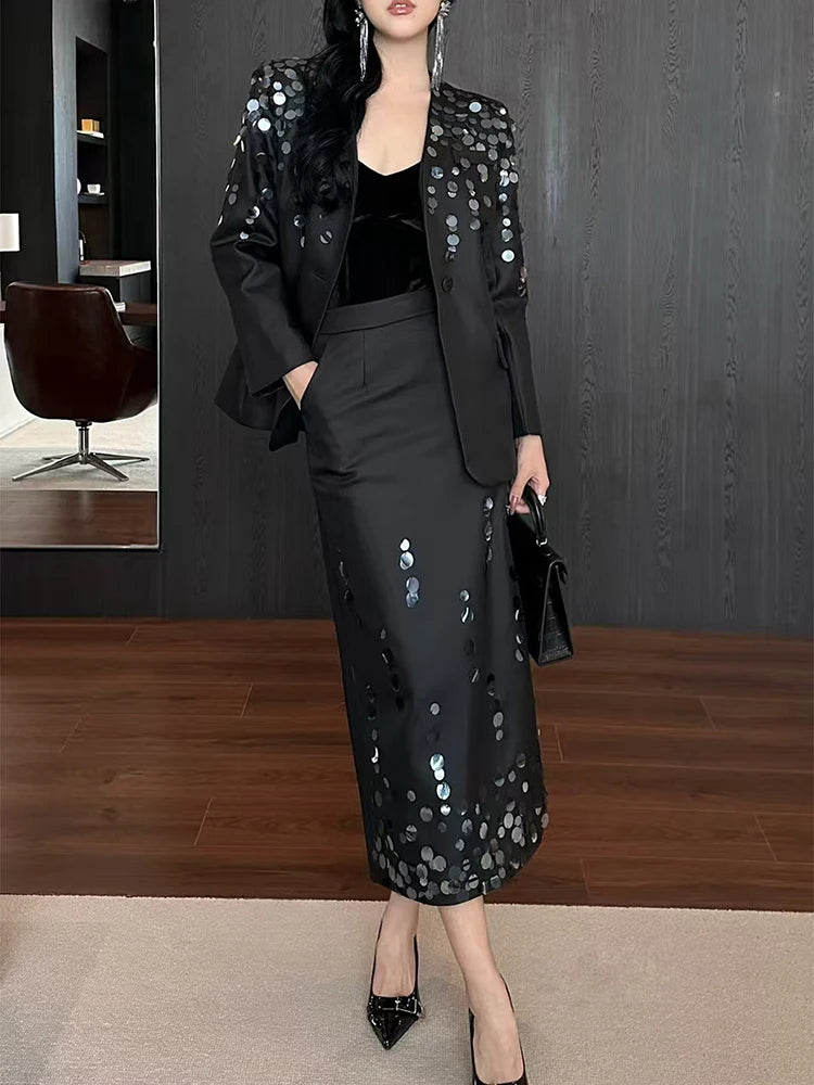 Solid Spliced Sequines Two Piece Set For Women Lapel Long Sleeve Coat High Waist Temperament Skirt Sets Female New