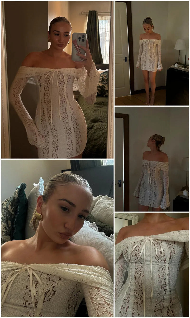 Floral Lace Off-shoulder Maxi Dress For Women White Strapless Backless Long Sleeve Bodycon Club Party Sexy Long Dress