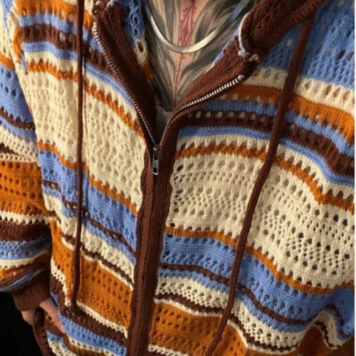 Load image into Gallery viewer, Y2k Aesthetic Vintage Thin Knitted Hooded Cardigan  Autumn Oversize Loose Stripe Women Sweater Zipper Harajuku Cardigans Femme
