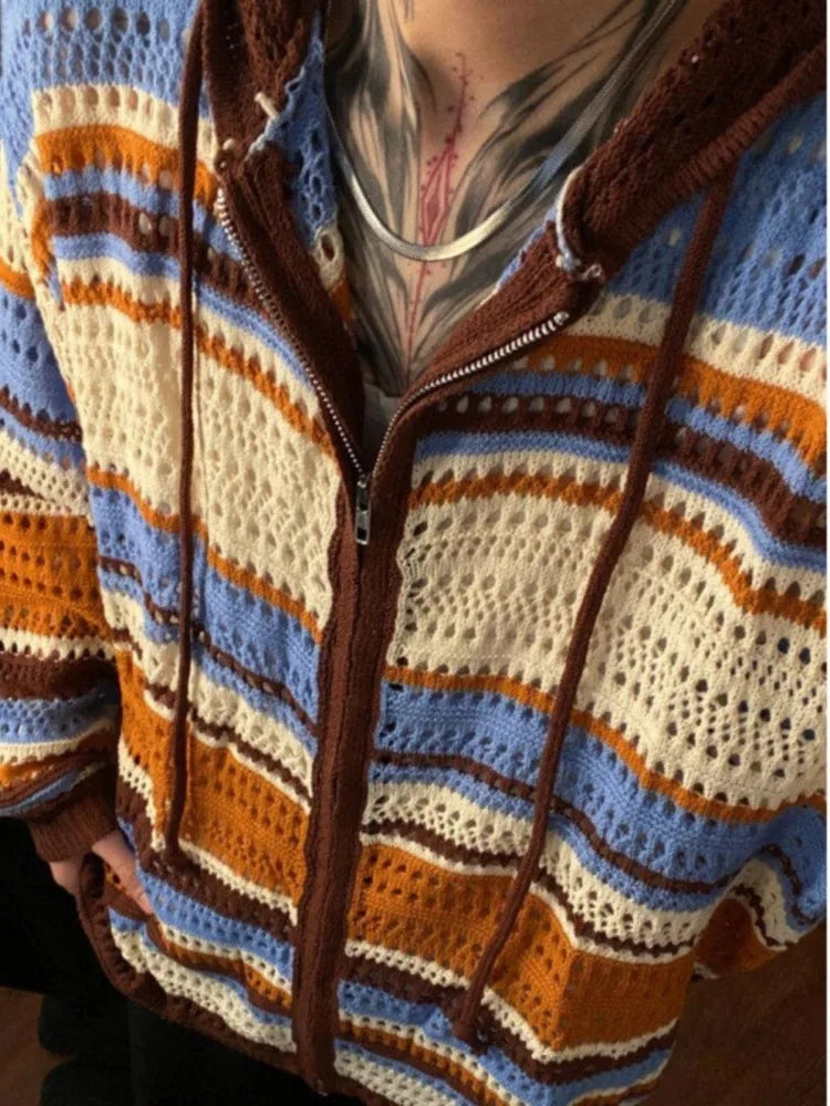 Y2k Aesthetic Vintage Thin Knitted Hooded Cardigan  Autumn Oversize Loose Stripe Women Sweater Zipper Harajuku Cardigans Femme