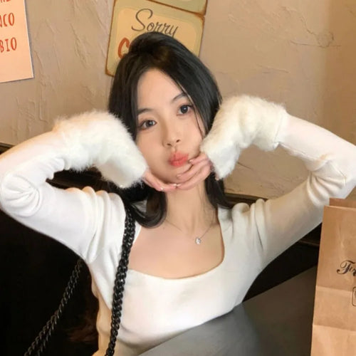 Load image into Gallery viewer, Harajuku Knitted Patchwork Fur Sweet Crop T-Shirts Women Slim Fit Y2k Aesthetic Tees Autumn Vintage Grunge Bottoming Tshirts
